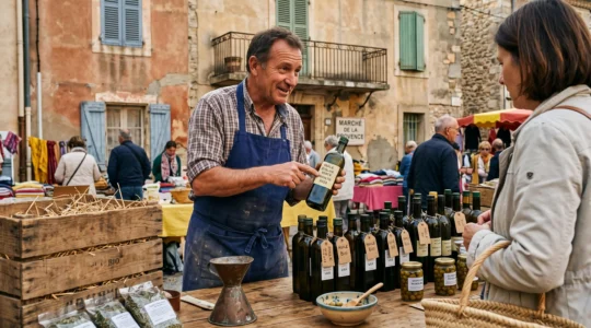 Un producteur présente des bouteilles d'huile d'olive sur son étal lors d'un marché provençal dans le Var.