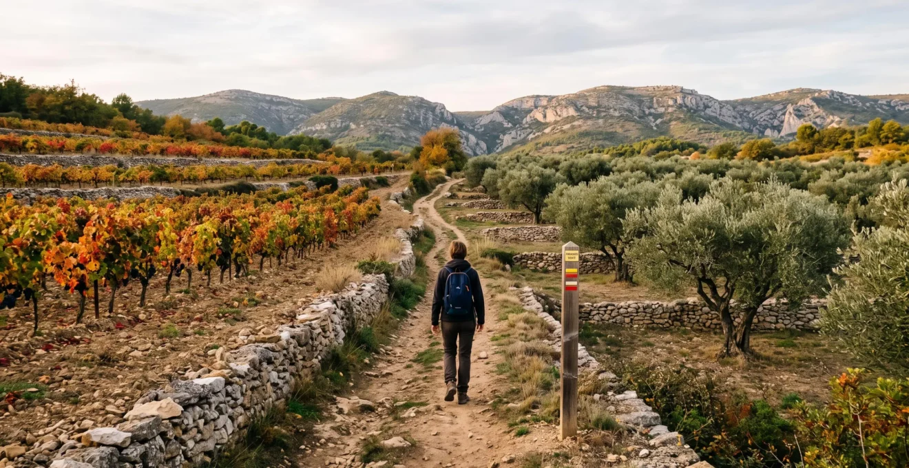 Un randonneur marche sur un sentier balisé bordé de murets entre des vignes aux feuilles rousses et une oliveraie, dans une campagne provençale du Var