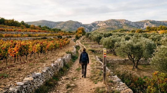 Un randonneur marche sur un sentier balisé bordé de murets entre des vignes aux feuilles rousses et une oliveraie, dans une campagne provençale du Var