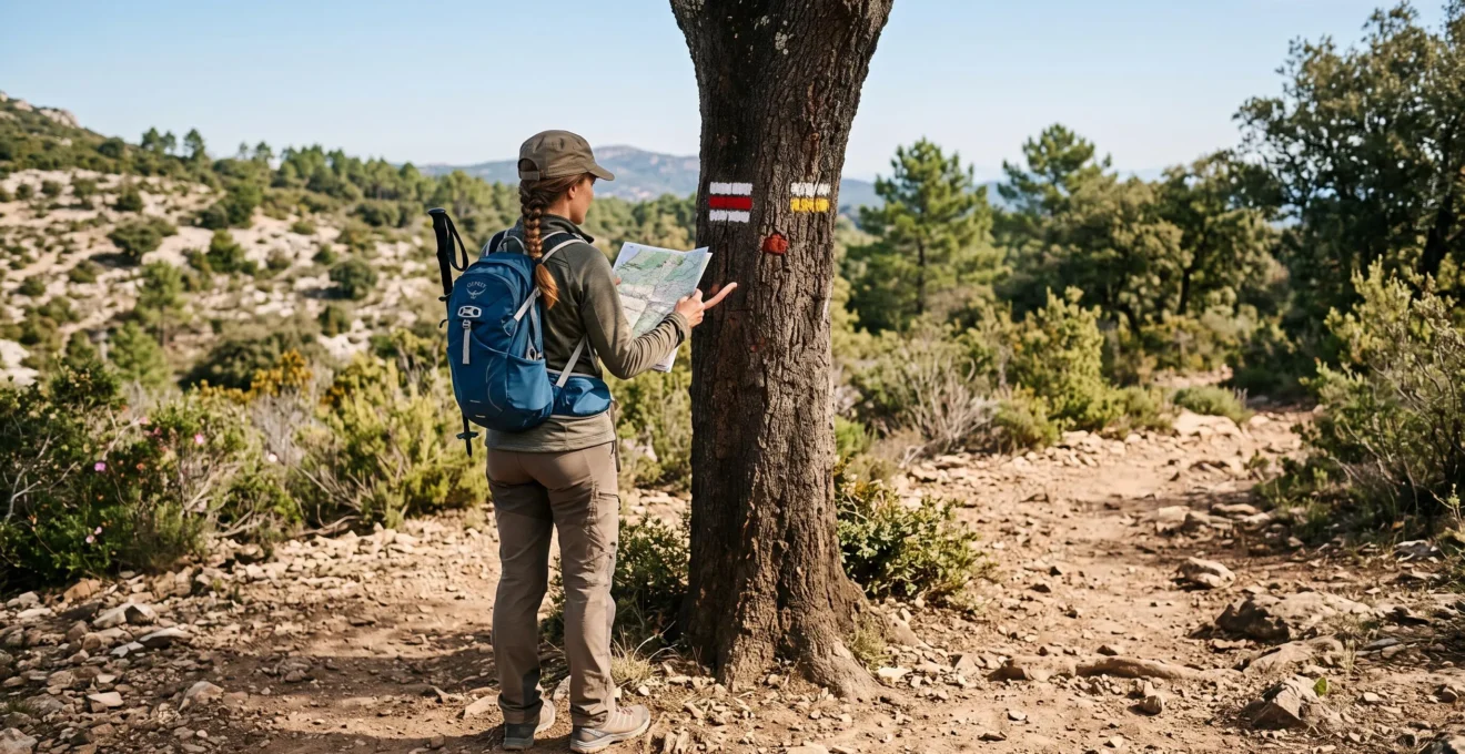 Un randonneur compare deux balises de couleurs différentes, blanche-rouge et jaune, peintes sur un tronc à une intersection de sentier en Provence.