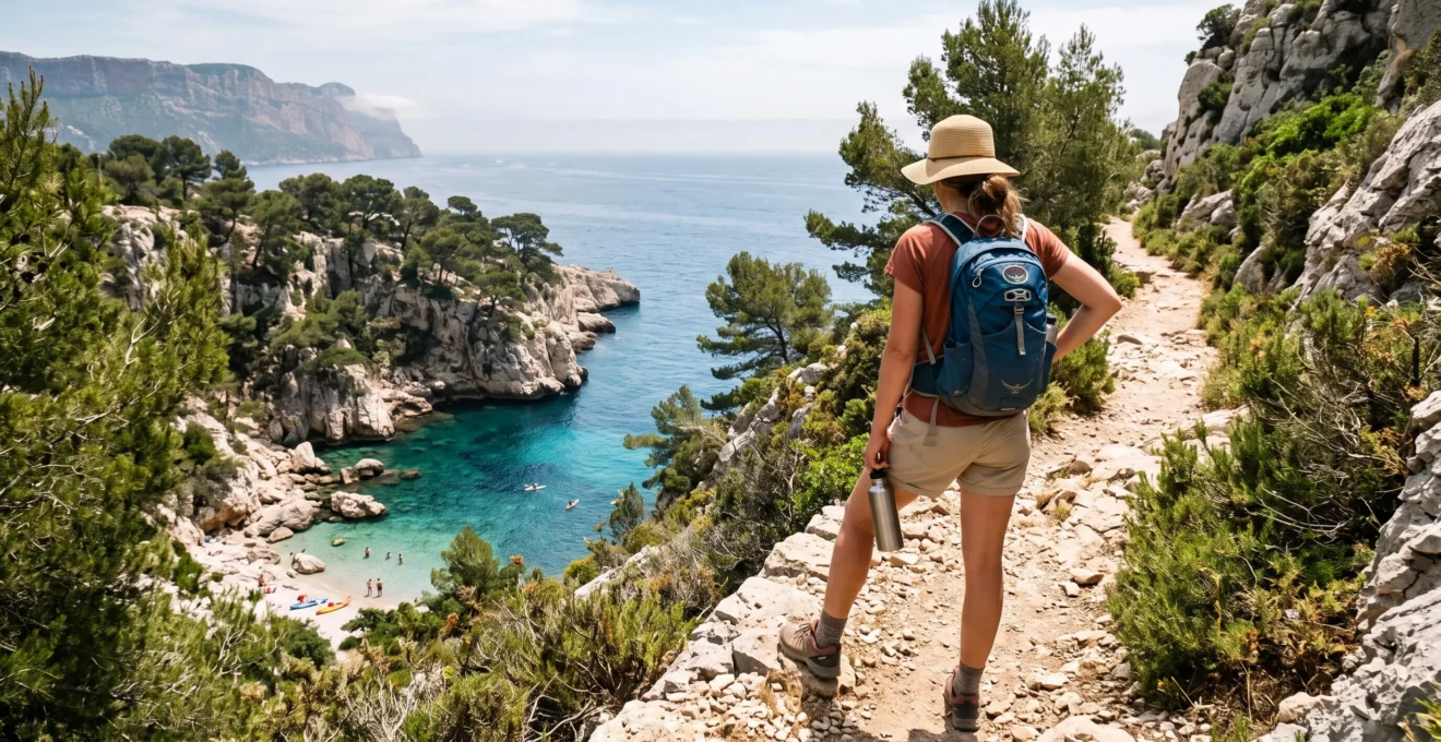 Un randonneur au chapeau s'arrête sur un sentier côtier varois et observe depuis les rochers une petite crique isolée aux eaux turquoise.