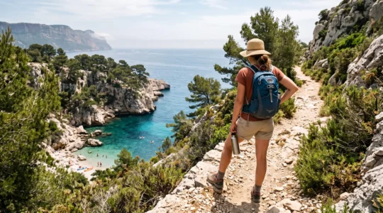 Un randonneur au chapeau s'arrête sur un sentier côtier varois et observe depuis les rochers une petite crique isolée aux eaux turquoise.