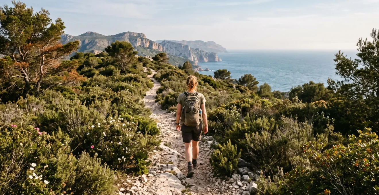 Un randonneur marche sur un sentier de garrigue bordé de romarin et de pins d'Alep, avec la mer Méditerranée en arrière-plan sur le littoral varois.