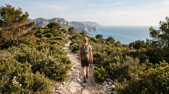 Un randonneur marche sur un sentier de garrigue bordé de romarin et de pins d'Alep, avec la mer Méditerranée en arrière-plan sur le littoral varois.