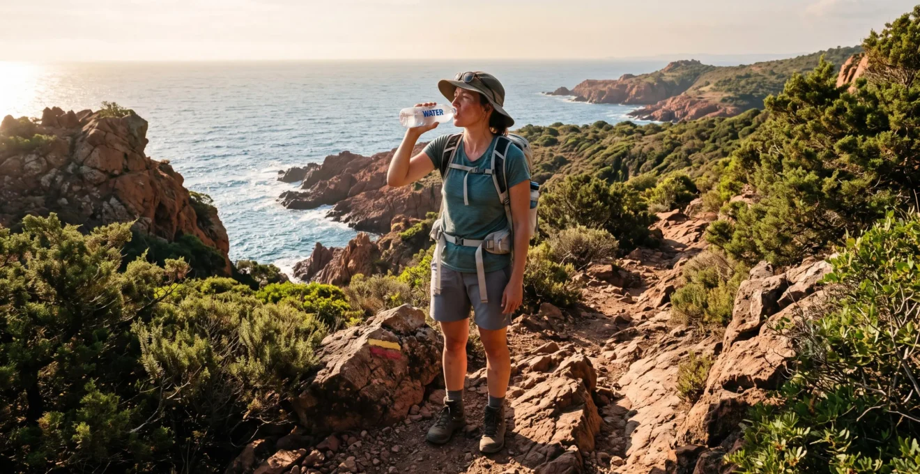 Un randonneur s'arrête boire sur un sentier littoral rocheux et ensoleillé du Var, en début de matinée.