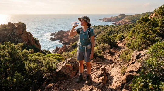 Un randonneur s'arrête boire sur un sentier littoral rocheux et ensoleillé du Var, en début de matinée.