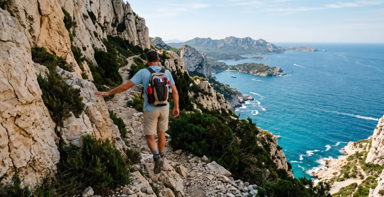 Un randonneur marche sur un sentier côtier rocheux du Var, entre falaises calcaires et mer Méditerranée.