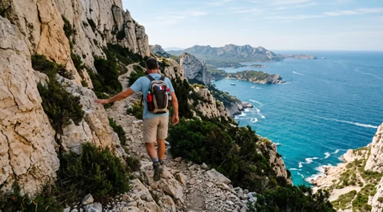 Un randonneur marche sur un sentier côtier rocheux du Var, entre falaises calcaires et mer Méditerranée.