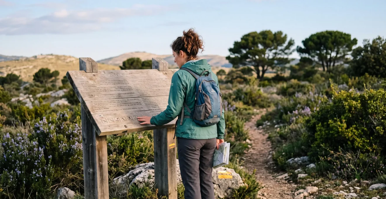 Une randonneuse lit un panneau d'information réglementaire au départ d'un sentier balisé dans la garrigue varoise, en Provence.