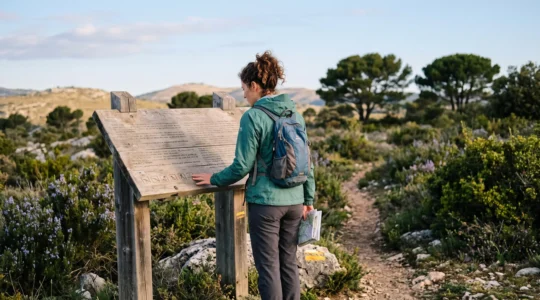 Une randonneuse lit un panneau d'information réglementaire au départ d'un sentier balisé dans la garrigue varoise, en Provence.