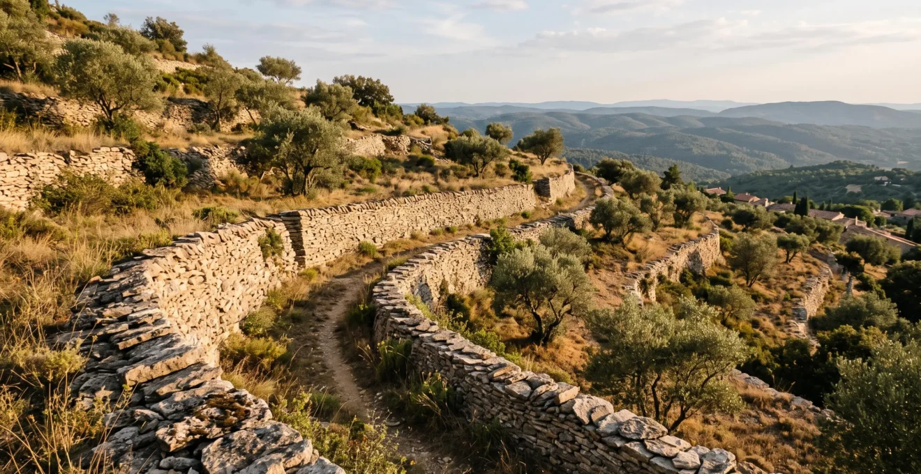Murs de restanques en pierre sèche suivant les courbes de niveau d'une colline de la garrigue varoise, éclairés par une lumière rasante de fin de journée.