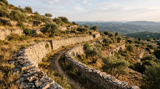 Murs de restanques en pierre sèche suivant les courbes de niveau d'une colline de la garrigue varoise, éclairés par une lumière rasante de fin de journée.