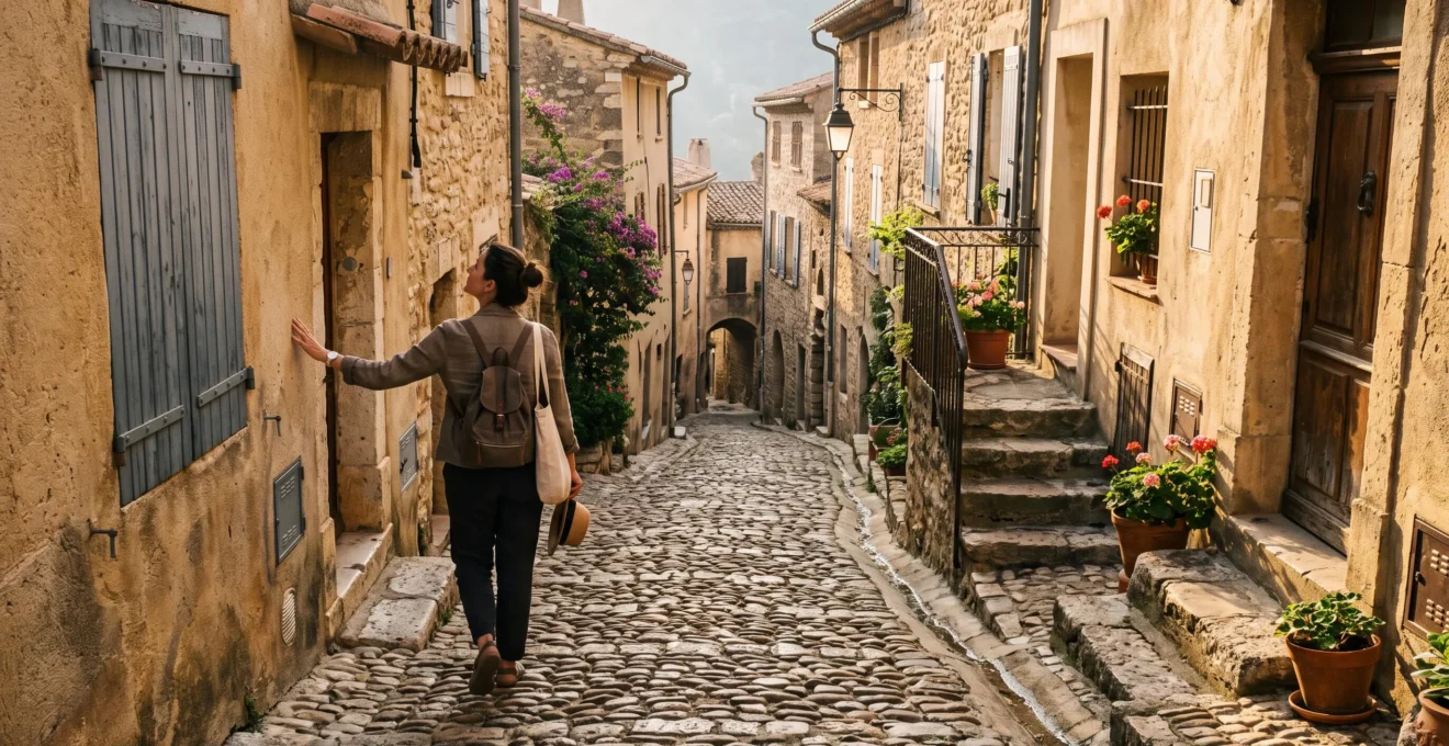 Un visiteur marche dans une ruelle caladée en pente d'un village perché provençal au petit matin, en touchant légèrement le mur pour s'équilibrer.