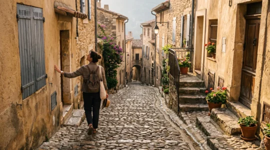 Un visiteur marche dans une ruelle caladée en pente d'un village perché provençal au petit matin, en touchant légèrement le mur pour s'équilibrer.