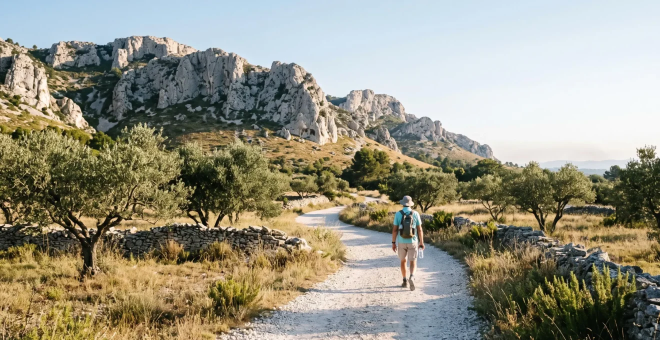 Un randonneur marche sur un sentier de gravier blanc au pied de la crête rocheuse des Alpilles, entouré d'oliviers et de murets en pierre sèche, dans la lumière du matin.