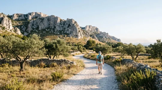Un randonneur marche sur un sentier de gravier blanc au pied de la crête rocheuse des Alpilles, entouré d'oliviers et de murets en pierre sèche, dans la lumière du matin.
