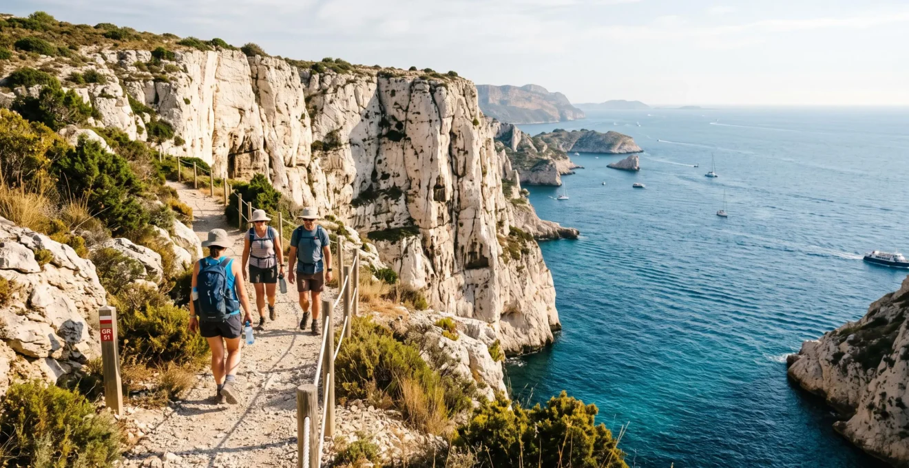 Randonneurs marchant sur un sentier du littoral balisé au sommet de falaises calcaires blanches en Provence, avec la mer en arrière-plan en fin d'après-midi.