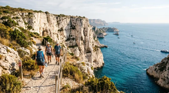 Randonneurs marchant sur un sentier du littoral balisé au sommet de falaises calcaires blanches en Provence, avec la mer en arrière-plan en fin d'après-midi.