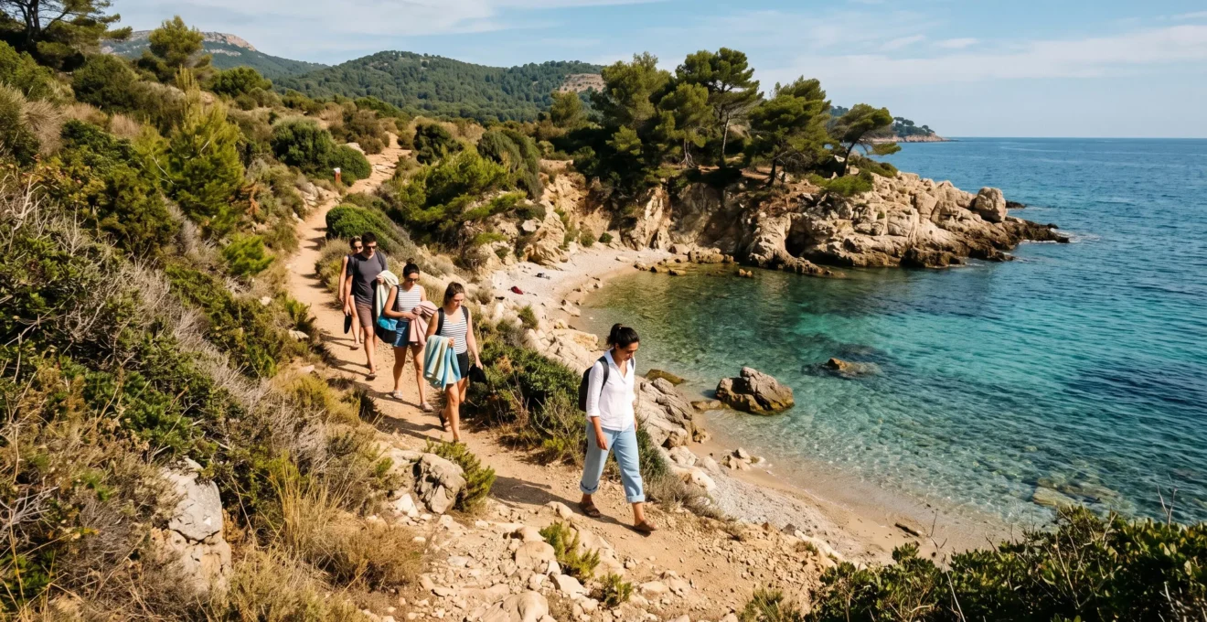 Des visiteurs descendent un sentier littoral de garrigue vers une petite crique préservée aux eaux claires dans le Var.