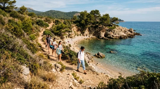 Des visiteurs descendent un sentier littoral de garrigue vers une petite crique préservée aux eaux claires dans le Var.