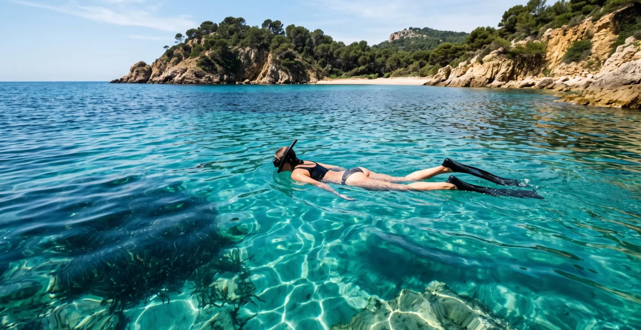 Une nageuse avec masque et tuba explore une crique aux eaux transparentes où l'on distingue les herbiers et les rochers du fond, sur le littoral du Var.