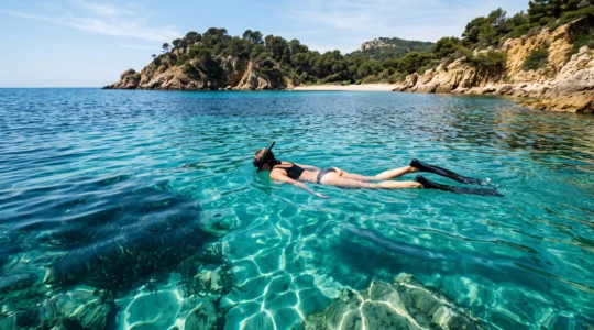 Une nageuse avec masque et tuba explore une crique aux eaux transparentes où l'on distingue les herbiers et les rochers du fond, sur le littoral du Var.