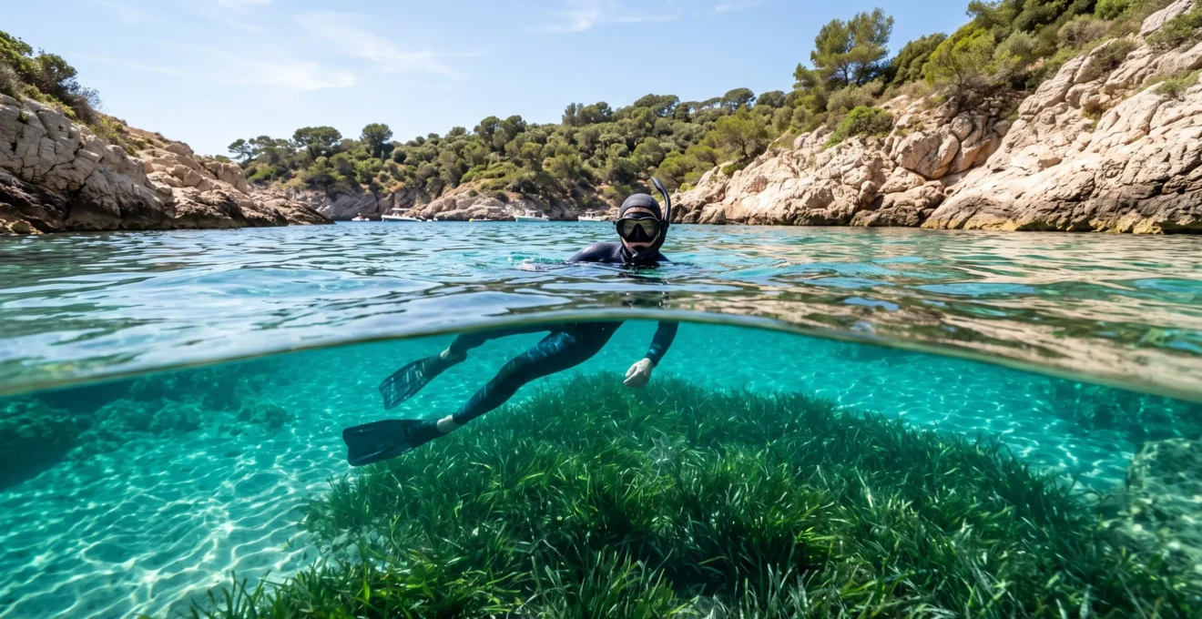Une personne en masque et tuba observe sans les toucher des herbiers de posidonie dans une crique aux eaux très claires de la Méditerranée.