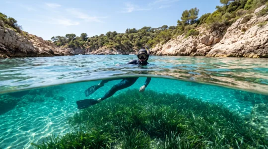 Une personne en masque et tuba observe sans les toucher des herbiers de posidonie dans une crique aux eaux très claires de la Méditerranée.