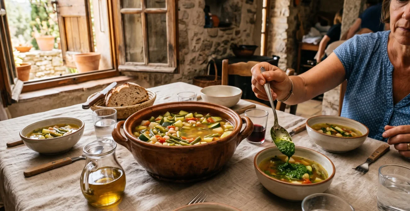 Une marmite de soupe au pistou provençale au centre d'une table familiale, avec des légumes entiers dans un bouillon clair et une main ajoutant du pistou vert dans une assiette.