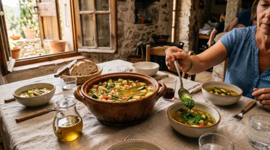 Une marmite de soupe au pistou provençale au centre d'une table familiale, avec des légumes entiers dans un bouillon clair et une main ajoutant du pistou vert dans une assiette.