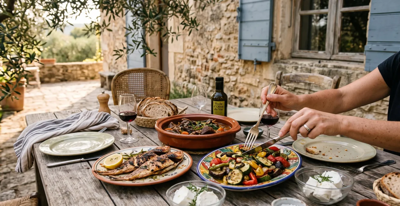 Une table provençale dressée sur une terrasse en pierre avec du poisson grillé, un plat mijoté, des légumes à l'huile d'olive et des mains de convive en train de se servir