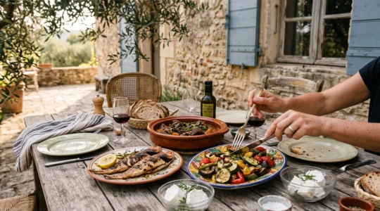 Une table provençale dressée sur une terrasse en pierre avec du poisson grillé, un plat mijoté, des légumes à l'huile d'olive et des mains de convive en train de se servir