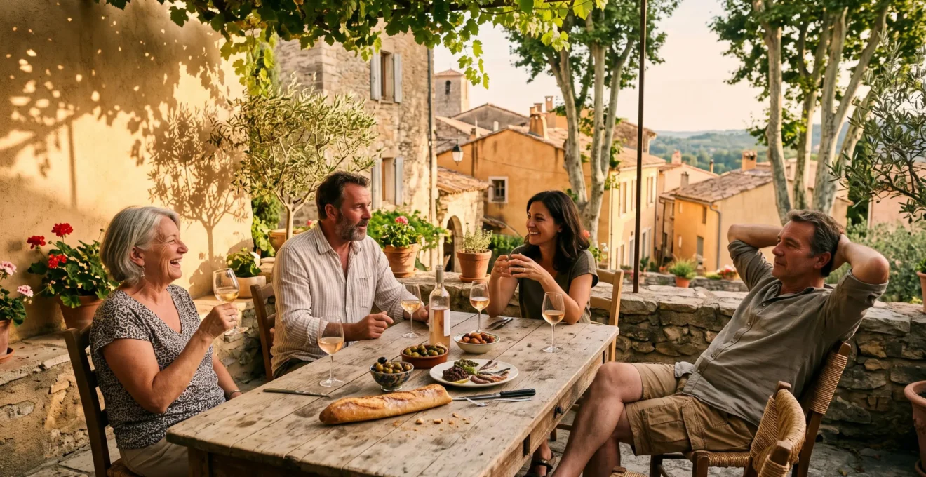 Des personnes attablées à l'ombre d'une pergola sur une terrasse provençale en fin de journée, avec des verres de rosé et un bol d'olives.