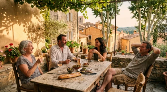 Des personnes attablées à l'ombre d'une pergola sur une terrasse provençale en fin de journée, avec des verres de rosé et un bol d'olives.