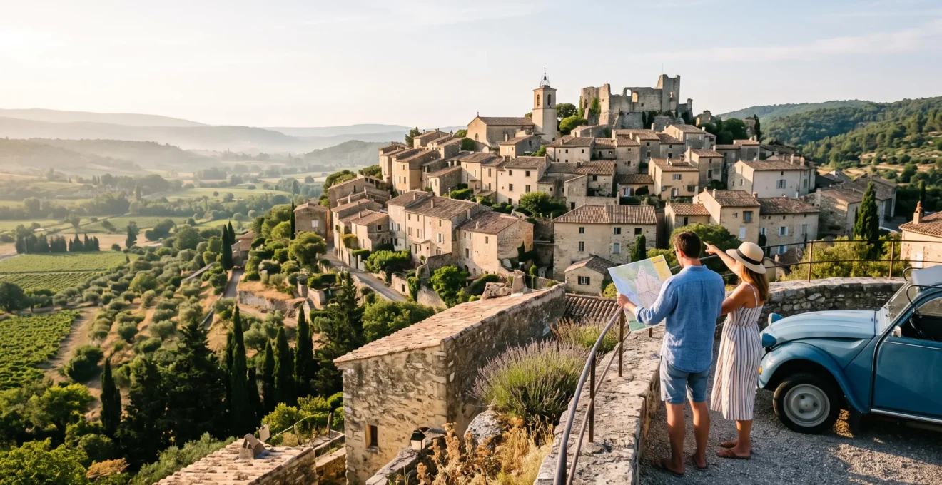 Un couple consulte une carte devant un village perché de Provence au petit matin, avant de commencer leur journée de visites.