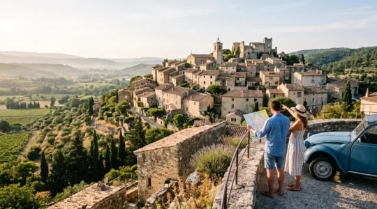 Un couple consulte une carte devant un village perché de Provence au petit matin, avant de commencer leur journée de visites.