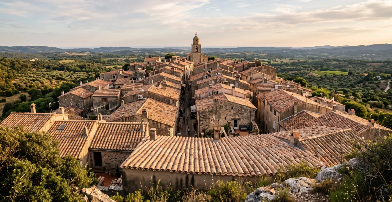 Vue sur les toits ondulés en tuiles romanes d'un village perché de Provence, éclairés par la lumière rasante du soir.