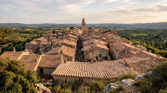 Vue sur les toits ondulés en tuiles romanes d'un village perché de Provence, éclairés par la lumière rasante du soir.