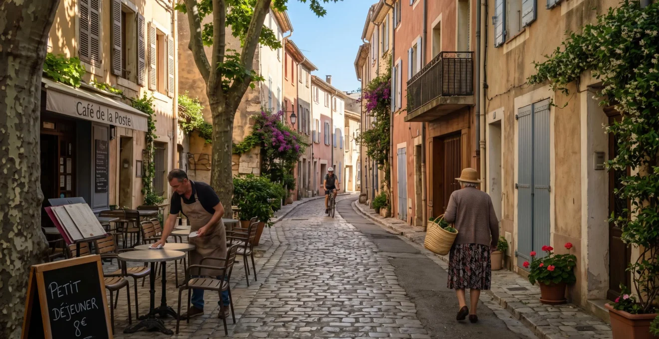 Ruelle d'un village provençal du Var au petit matin, volets clos, tables de café à l'ombre et passants marchant calmement.