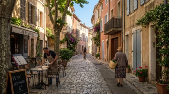 Ruelle d'un village provençal du Var au petit matin, volets clos, tables de café à l'ombre et passants marchant calmement.