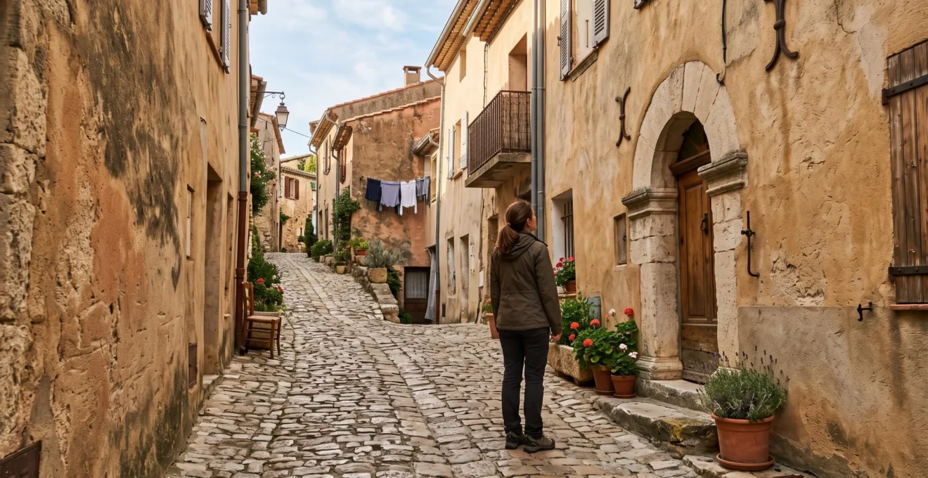 Une visiteuse observe un linteau en pierre et un seuil usé sur la façade d'une maison ancienne dans une ruelle en calade d'un village perché de Provence.