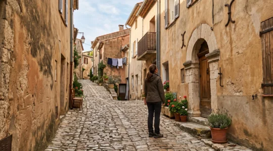 Une visiteuse observe un linteau en pierre et un seuil usé sur la façade d'une maison ancienne dans une ruelle en calade d'un village perché de Provence.